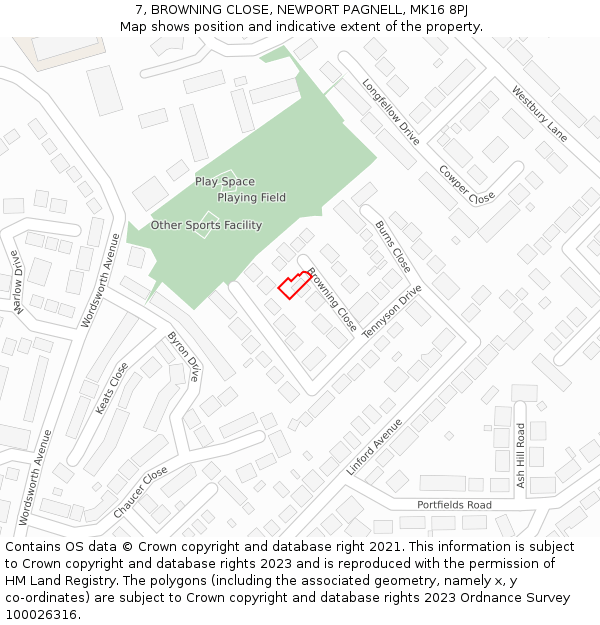 7, BROWNING CLOSE, NEWPORT PAGNELL, MK16 8PJ: Location map and indicative extent of plot