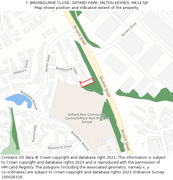 7, BROXBOURNE CLOSE, GIFFARD PARK, MILTON KEYNES, MK14 5JP: Location map and indicative extent of plot