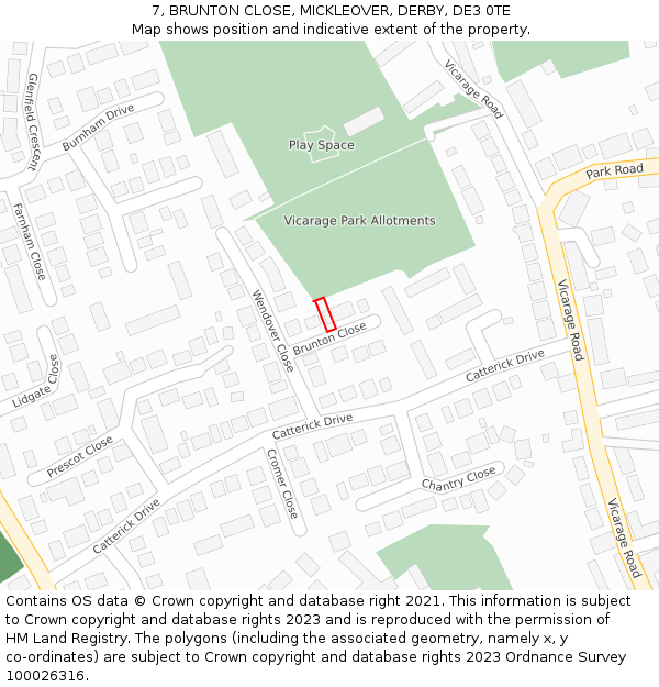 7, BRUNTON CLOSE, MICKLEOVER, DERBY, DE3 0TE: Location map and indicative extent of plot