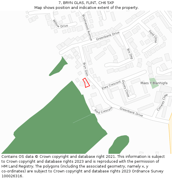 7, BRYN GLAS, FLINT, CH6 5XP: Location map and indicative extent of plot