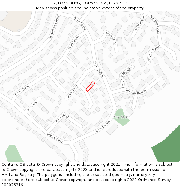 7, BRYN RHYG, COLWYN BAY, LL29 6DP: Location map and indicative extent of plot