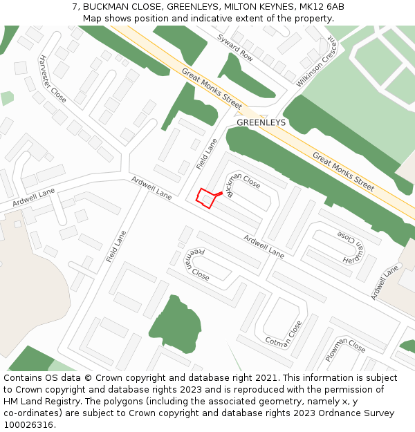 7, BUCKMAN CLOSE, GREENLEYS, MILTON KEYNES, MK12 6AB: Location map and indicative extent of plot