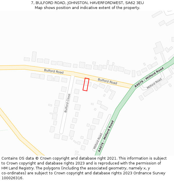 7, BULFORD ROAD, JOHNSTON, HAVERFORDWEST, SA62 3EU: Location map and indicative extent of plot