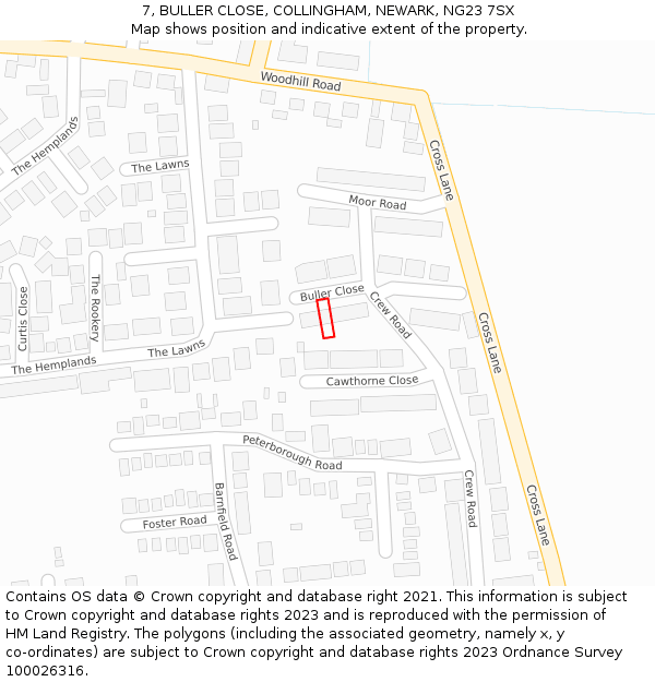 7, BULLER CLOSE, COLLINGHAM, NEWARK, NG23 7SX: Location map and indicative extent of plot