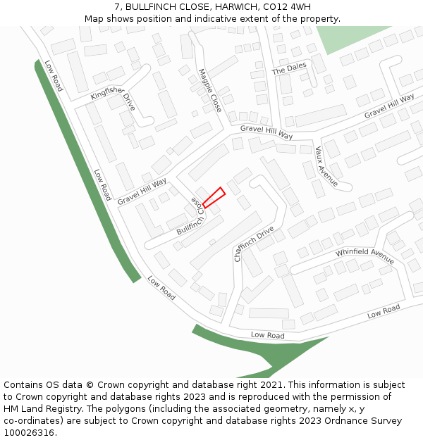 7, BULLFINCH CLOSE, HARWICH, CO12 4WH: Location map and indicative extent of plot