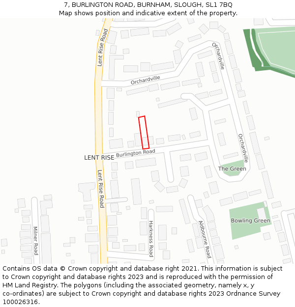 7, BURLINGTON ROAD, BURNHAM, SLOUGH, SL1 7BQ: Location map and indicative extent of plot