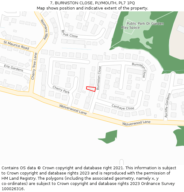 7, BURNISTON CLOSE, PLYMOUTH, PL7 1PQ: Location map and indicative extent of plot