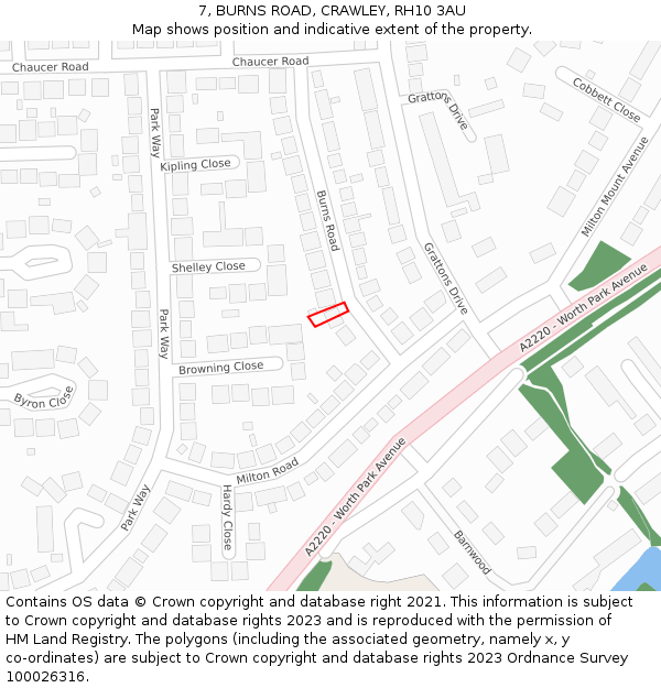 7, BURNS ROAD, CRAWLEY, RH10 3AU: Location map and indicative extent of plot