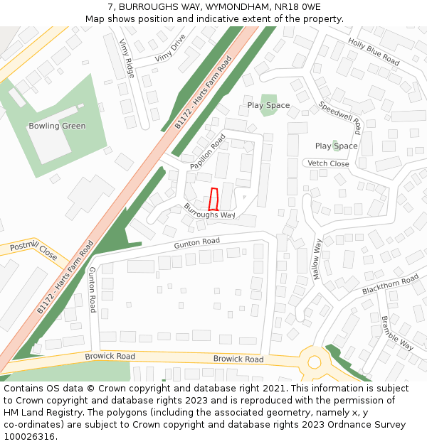 7, BURROUGHS WAY, WYMONDHAM, NR18 0WE: Location map and indicative extent of plot