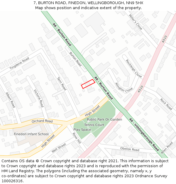 7, BURTON ROAD, FINEDON, WELLINGBOROUGH, NN9 5HX: Location map and indicative extent of plot