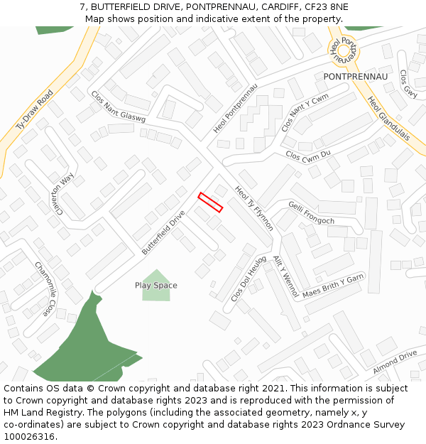 7, BUTTERFIELD DRIVE, PONTPRENNAU, CARDIFF, CF23 8NE: Location map and indicative extent of plot