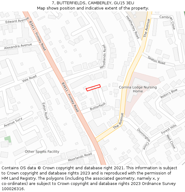 7, BUTTERFIELDS, CAMBERLEY, GU15 3EU: Location map and indicative extent of plot