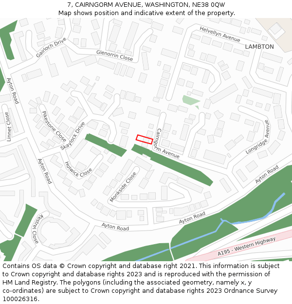 7, CAIRNGORM AVENUE, WASHINGTON, NE38 0QW: Location map and indicative extent of plot