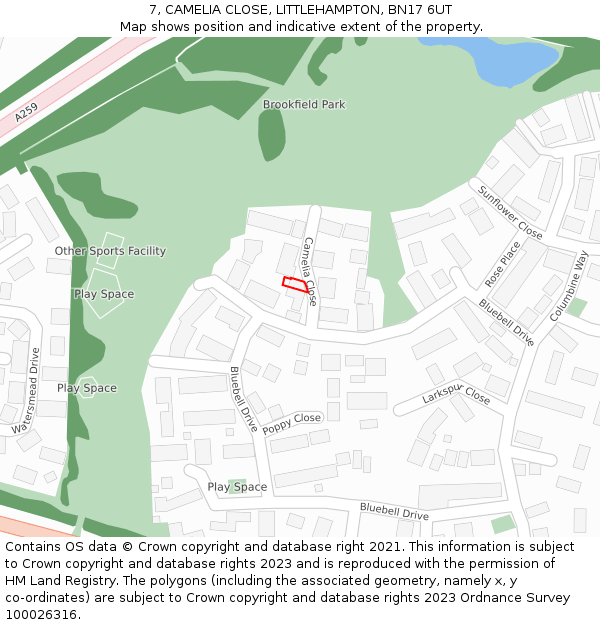 7, CAMELIA CLOSE, LITTLEHAMPTON, BN17 6UT: Location map and indicative extent of plot