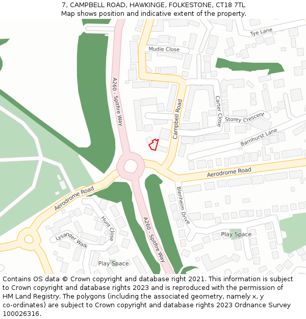 7, CAMPBELL ROAD, HAWKINGE, FOLKESTONE, CT18 7TL: Location map and indicative extent of plot