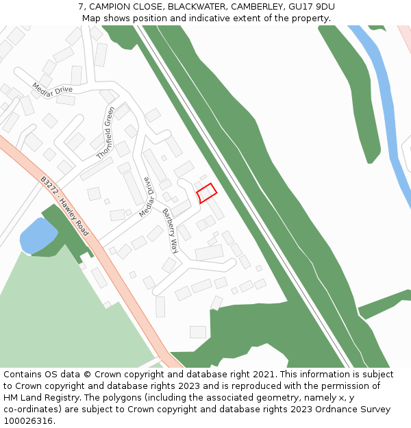 7, CAMPION CLOSE, BLACKWATER, CAMBERLEY, GU17 9DU: Location map and indicative extent of plot