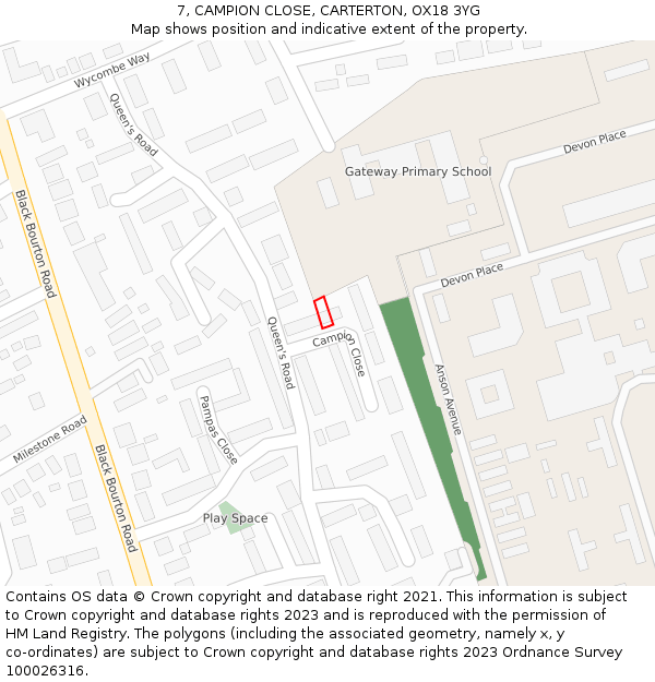 7, CAMPION CLOSE, CARTERTON, OX18 3YG: Location map and indicative extent of plot