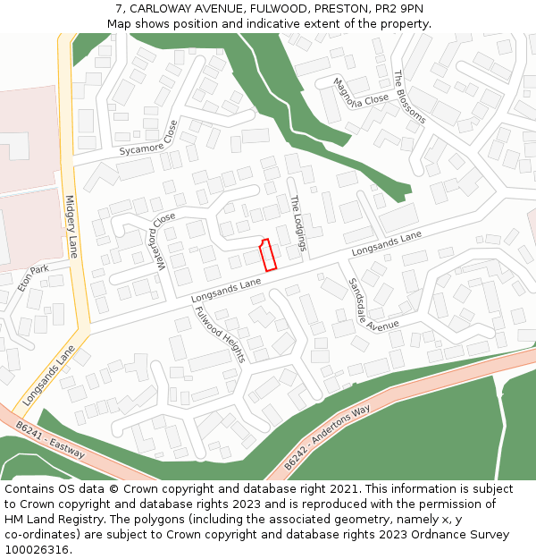 7, CARLOWAY AVENUE, FULWOOD, PRESTON, PR2 9PN: Location map and indicative extent of plot