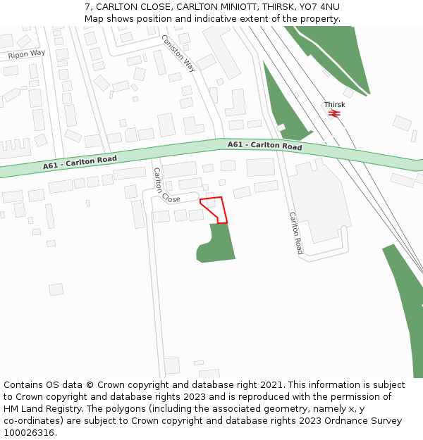 7, CARLTON CLOSE, CARLTON MINIOTT, THIRSK, YO7 4NU: Location map and indicative extent of plot