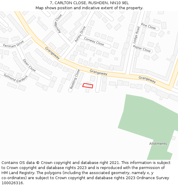 7, CARLTON CLOSE, RUSHDEN, NN10 9EL: Location map and indicative extent of plot