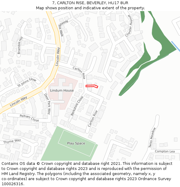 7, CARLTON RISE, BEVERLEY, HU17 8UR: Location map and indicative extent of plot