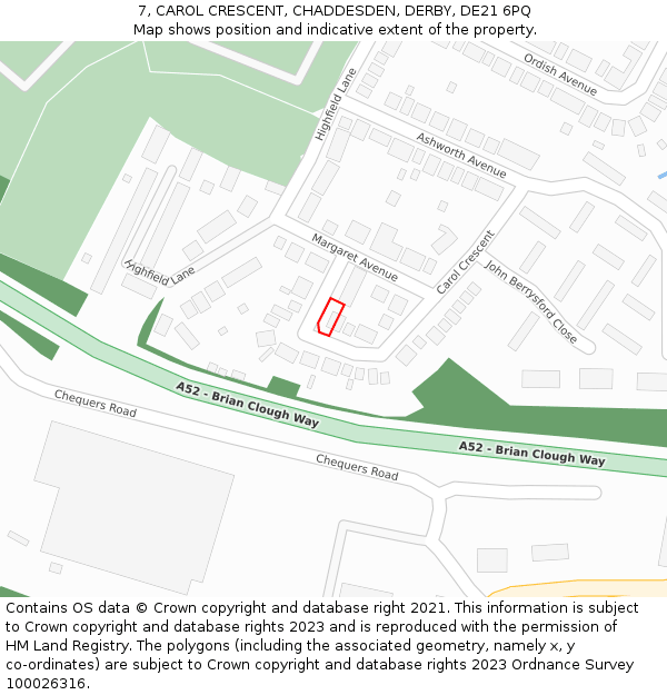 7, CAROL CRESCENT, CHADDESDEN, DERBY, DE21 6PQ: Location map and indicative extent of plot