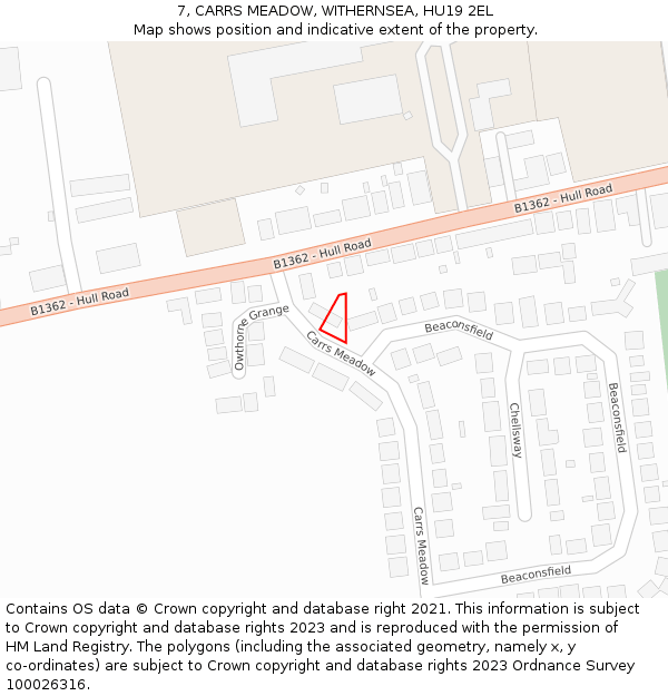 7, CARRS MEADOW, WITHERNSEA, HU19 2EL: Location map and indicative extent of plot