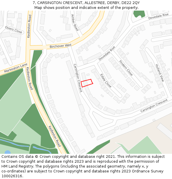 7, CARSINGTON CRESCENT, ALLESTREE, DERBY, DE22 2QY: Location map and indicative extent of plot