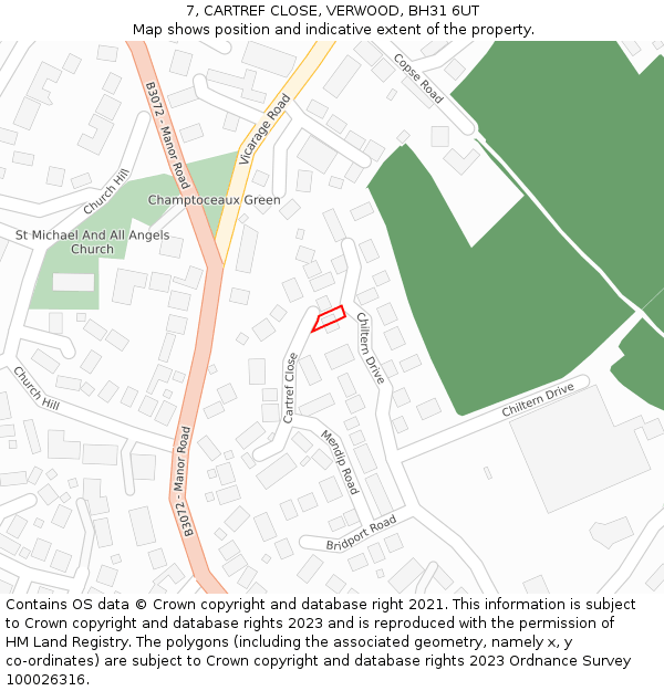 7, CARTREF CLOSE, VERWOOD, BH31 6UT: Location map and indicative extent of plot