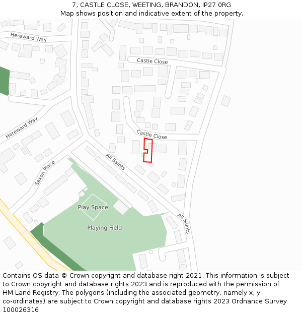 7, CASTLE CLOSE, WEETING, BRANDON, IP27 0RG: Location map and indicative extent of plot