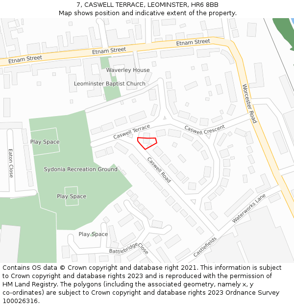 7, CASWELL TERRACE, LEOMINSTER, HR6 8BB: Location map and indicative extent of plot