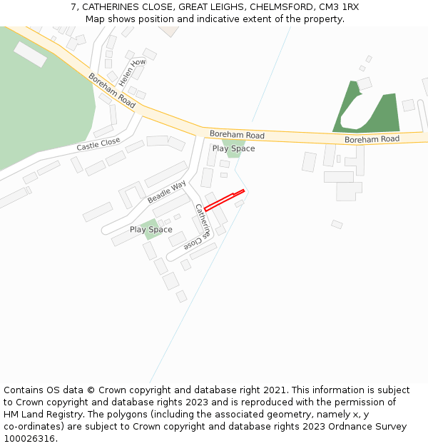 7, CATHERINES CLOSE, GREAT LEIGHS, CHELMSFORD, CM3 1RX: Location map and indicative extent of plot