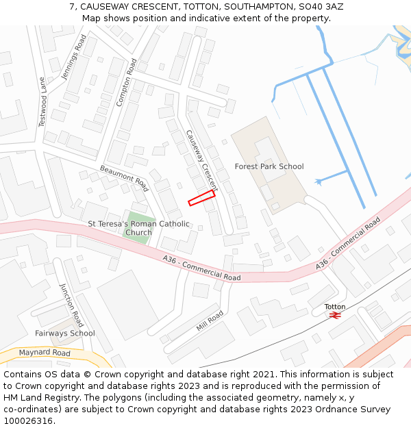 7, CAUSEWAY CRESCENT, TOTTON, SOUTHAMPTON, SO40 3AZ: Location map and indicative extent of plot