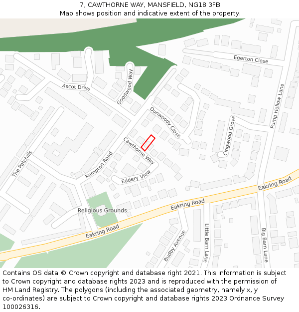 7, CAWTHORNE WAY, MANSFIELD, NG18 3FB: Location map and indicative extent of plot
