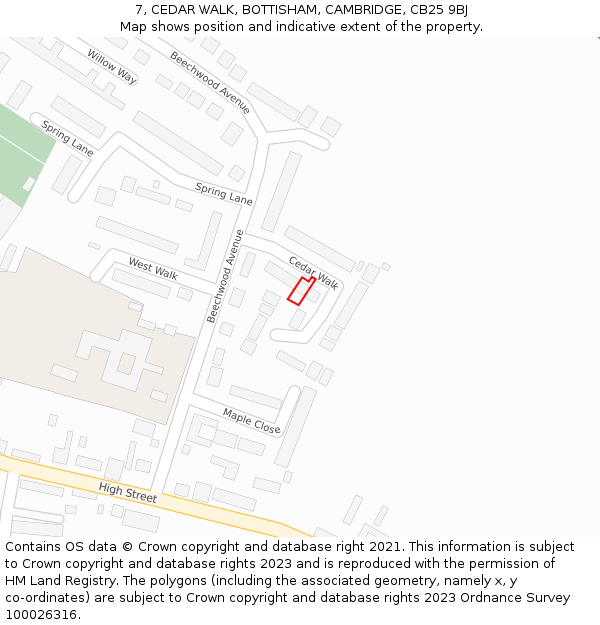 7, CEDAR WALK, BOTTISHAM, CAMBRIDGE, CB25 9BJ: Location map and indicative extent of plot