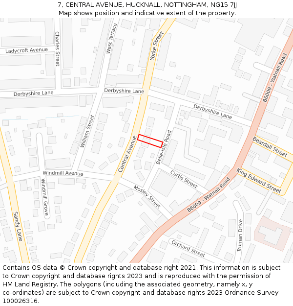 7, CENTRAL AVENUE, HUCKNALL, NOTTINGHAM, NG15 7JJ: Location map and indicative extent of plot