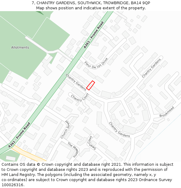 7, CHANTRY GARDENS, SOUTHWICK, TROWBRIDGE, BA14 9QP: Location map and indicative extent of plot