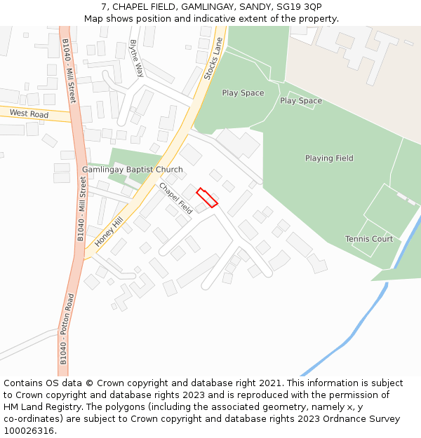 7, CHAPEL FIELD, GAMLINGAY, SANDY, SG19 3QP: Location map and indicative extent of plot