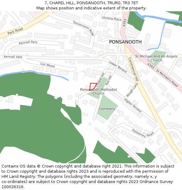 7, CHAPEL HILL, PONSANOOTH, TRURO, TR3 7ET: Location map and indicative extent of plot