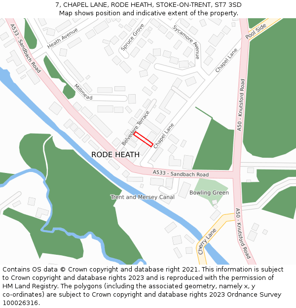 7, CHAPEL LANE, RODE HEATH, STOKE-ON-TRENT, ST7 3SD: Location map and indicative extent of plot