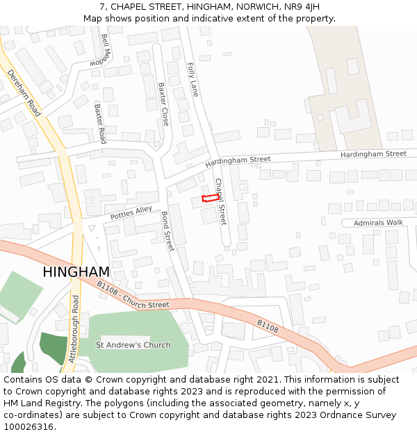 7, CHAPEL STREET, HINGHAM, NORWICH, NR9 4JH: Location map and indicative extent of plot