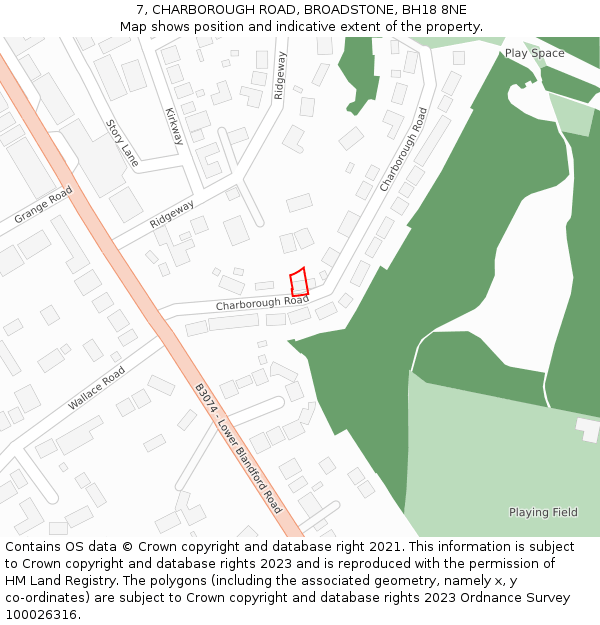 7, CHARBOROUGH ROAD, BROADSTONE, BH18 8NE: Location map and indicative extent of plot