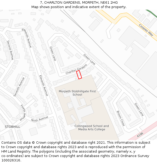 7, CHARLTON GARDENS, MORPETH, NE61 2HG: Location map and indicative extent of plot