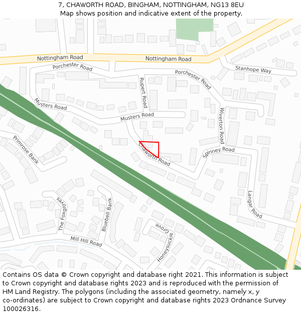 7, CHAWORTH ROAD, BINGHAM, NOTTINGHAM, NG13 8EU: Location map and indicative extent of plot