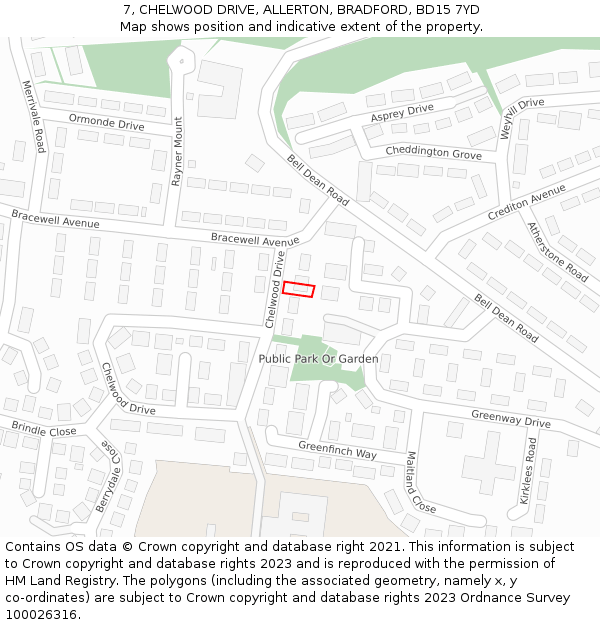 7, CHELWOOD DRIVE, ALLERTON, BRADFORD, BD15 7YD: Location map and indicative extent of plot