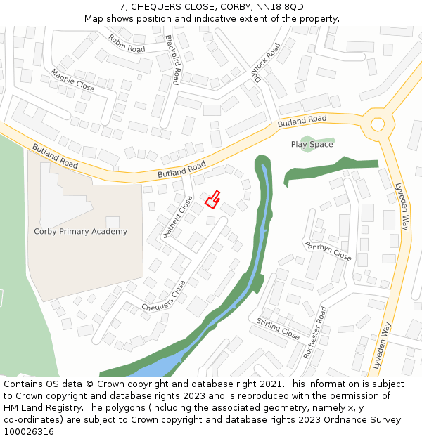 7, CHEQUERS CLOSE, CORBY, NN18 8QD: Location map and indicative extent of plot