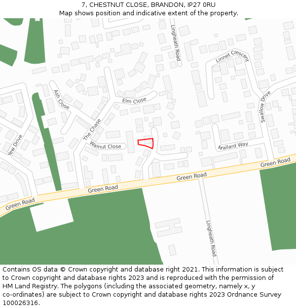 7, CHESTNUT CLOSE, BRANDON, IP27 0RU: Location map and indicative extent of plot