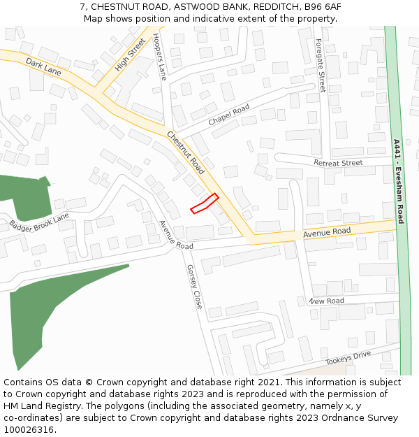 7, CHESTNUT ROAD, ASTWOOD BANK, REDDITCH, B96 6AF: Location map and indicative extent of plot