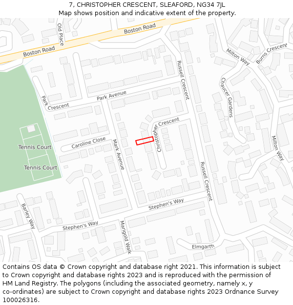 7, CHRISTOPHER CRESCENT, SLEAFORD, NG34 7JL: Location map and indicative extent of plot