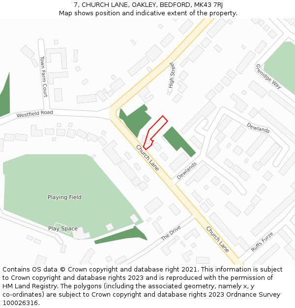 7, CHURCH LANE, OAKLEY, BEDFORD, MK43 7RJ: Location map and indicative extent of plot